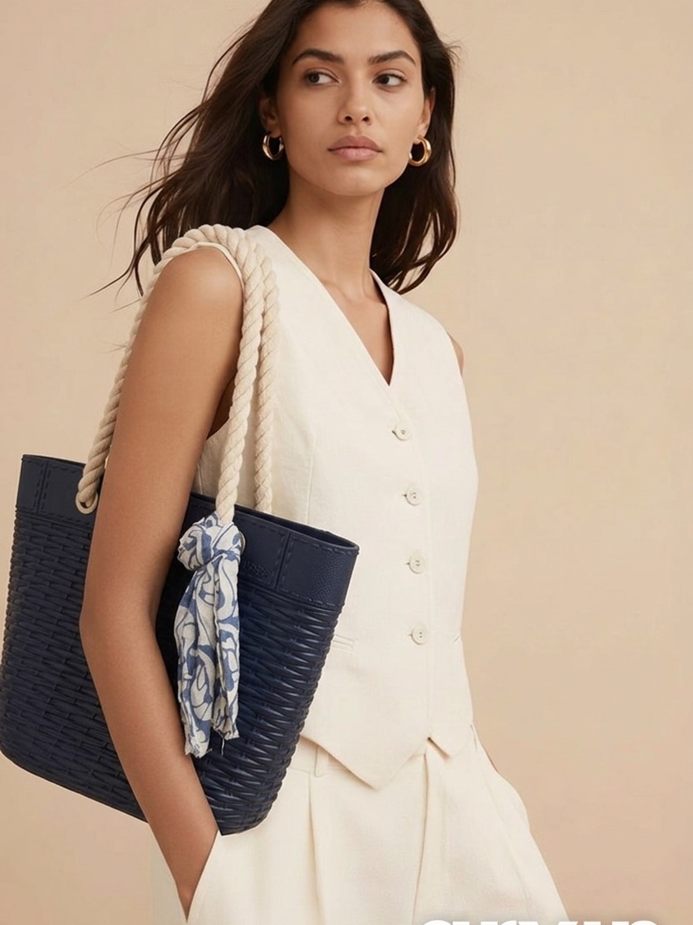 CROCS Navy Rope-Handle Tote with Scarf Accent